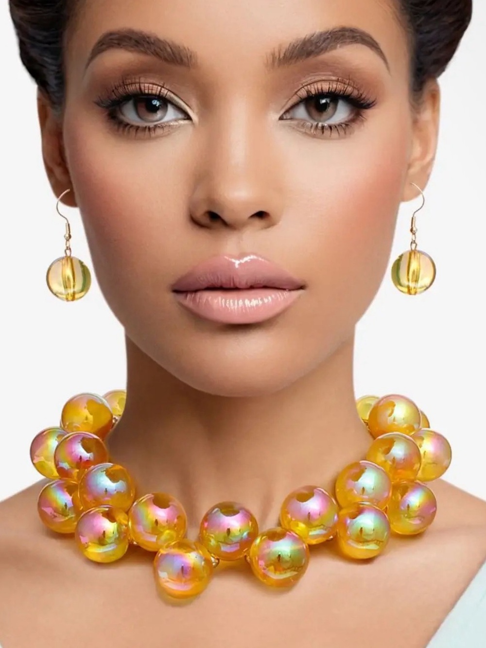 Iridescent Yellow Bubble Bead Necklace and Earring Set